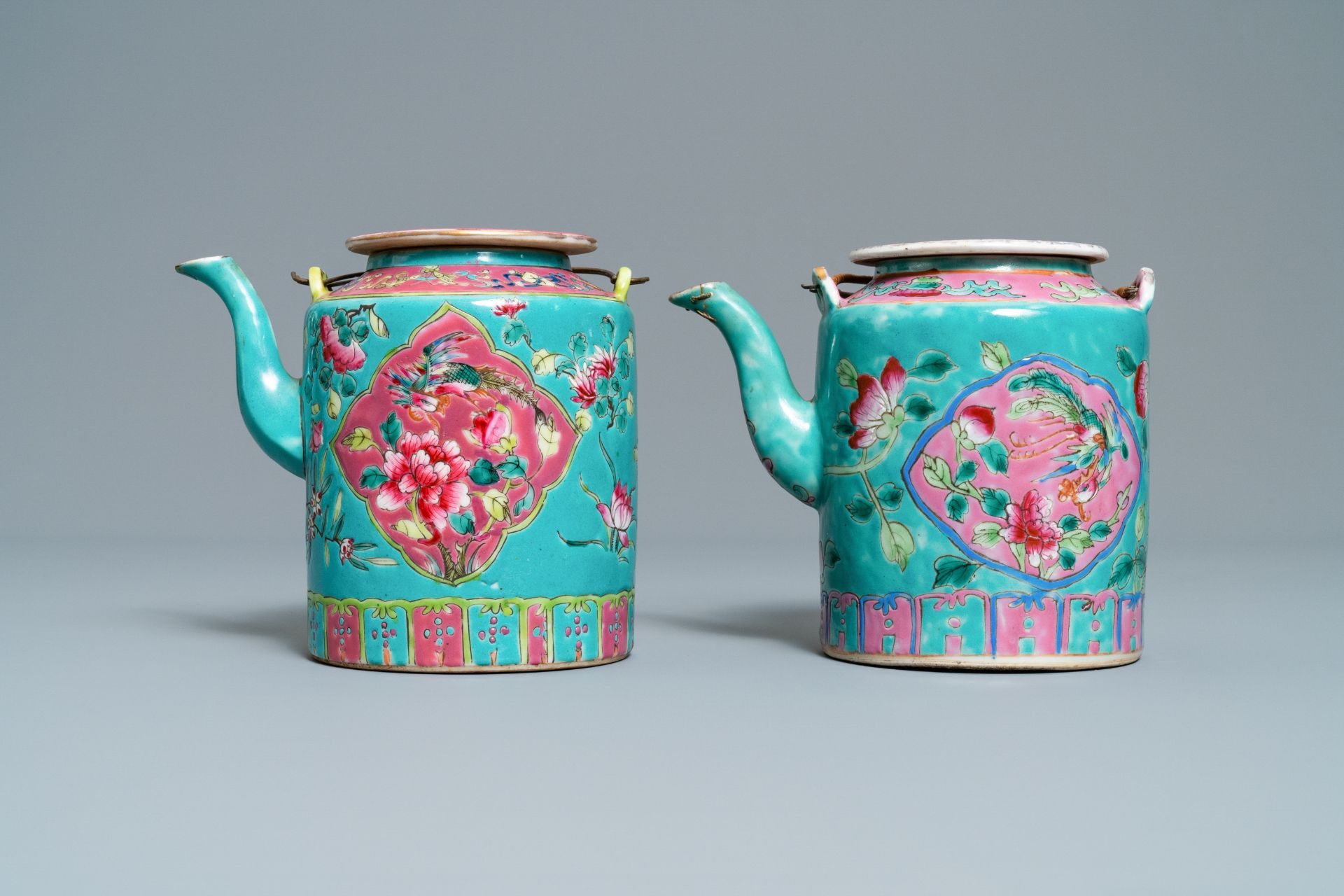 Two large Chinese turquoise-ground famille rose teapots for the Straits or Peranakan market, 19th C. - Image 2 of 10
