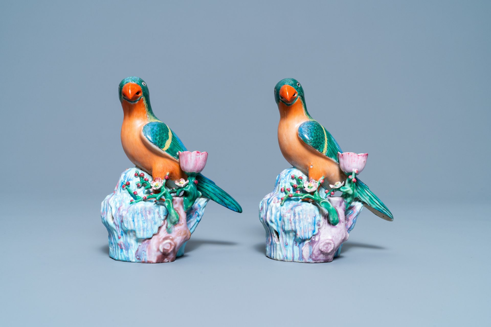 A pair of Chinese famille rose bird-shaped candlesticks, Qianlong - Image 2 of 7
