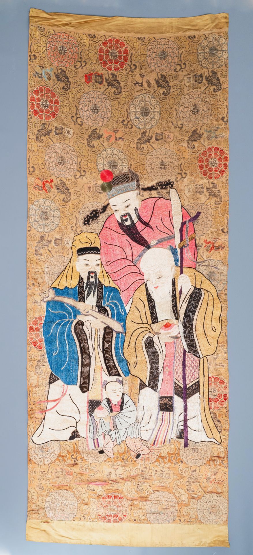 Three Chinese silk embroidered 'Star gods and immortals' panels, 19th C. - Image 2 of 12