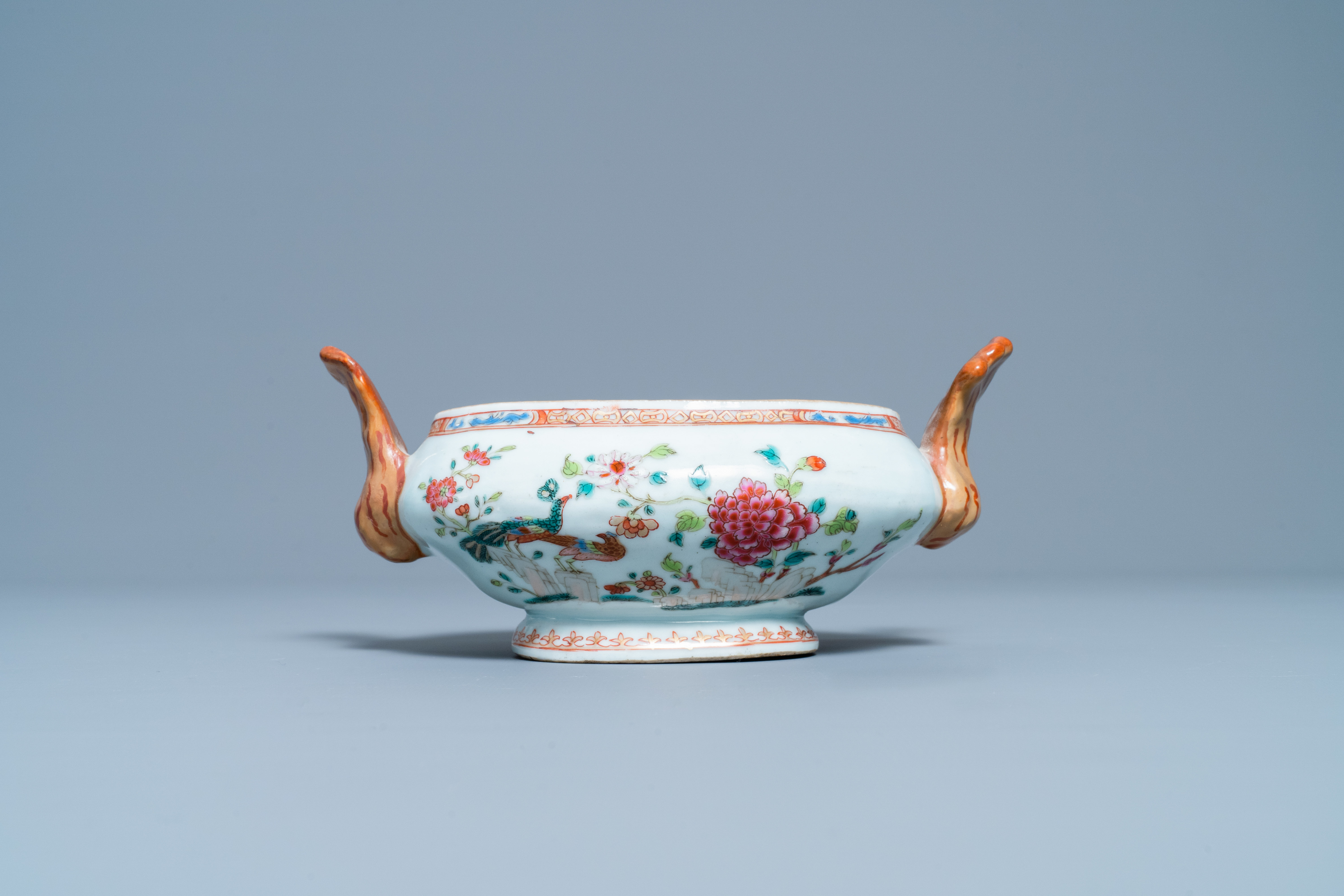 Five Chinese famille rose 'double peacock' porcelain wares, Qianlong - Image 8 of 11