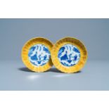 A pair of lobed Chinese blue and white yellow edge plates, 'hare' mark, Wanli