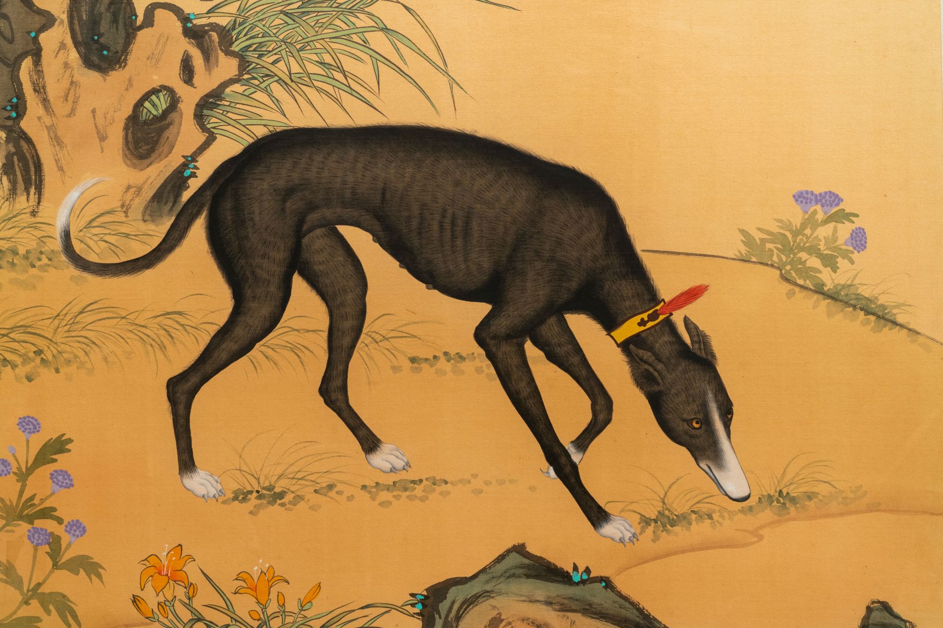 Chinese school, after Lang Shining, ink and colour on silk, 19/20th C.: 'Portrait of a dog' - Image 2 of 3
