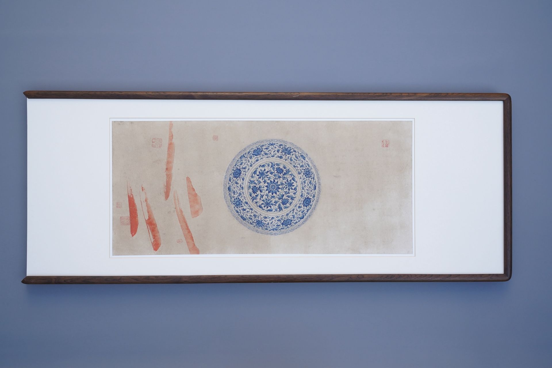 Chinese school, colour on paper, 19th C.: 'A blue and white porcelain Yuan period dish' - Image 19 of 32