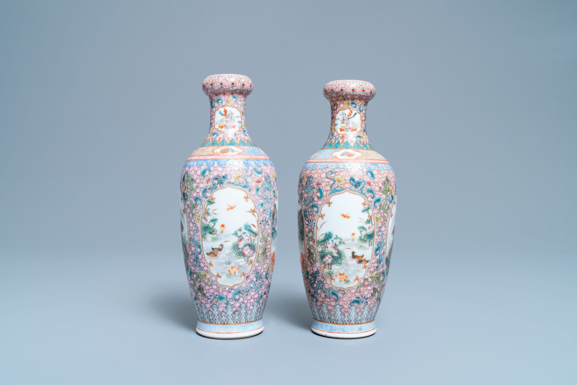 A pair of Chinese famille rose vases with tigers, Qianlong mark, 20th C. - Image 2 of 6