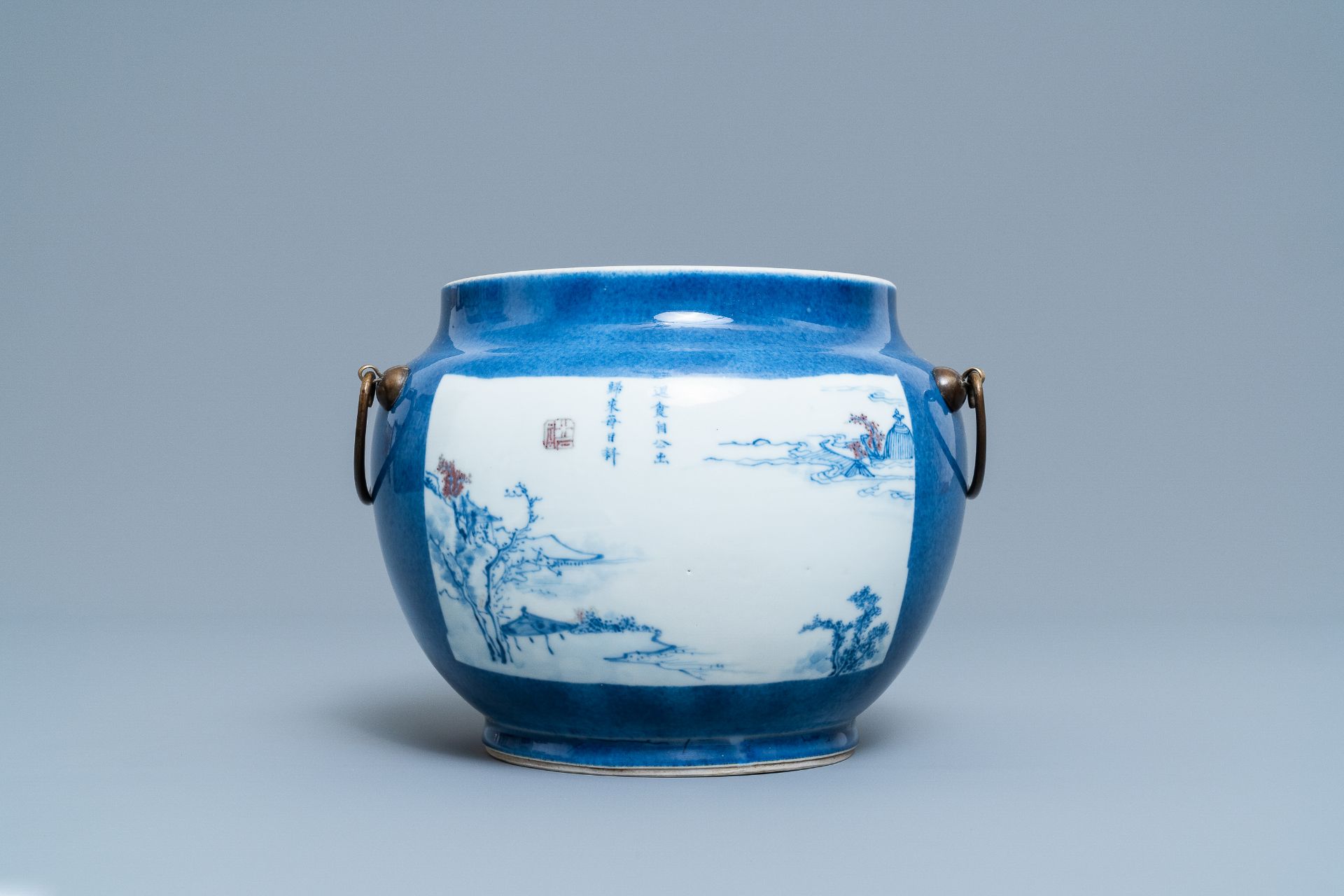 A Chinese blue, white and copper red powder blue-ground bowl, Jiajing mark, Kangxi - Image 3 of 17