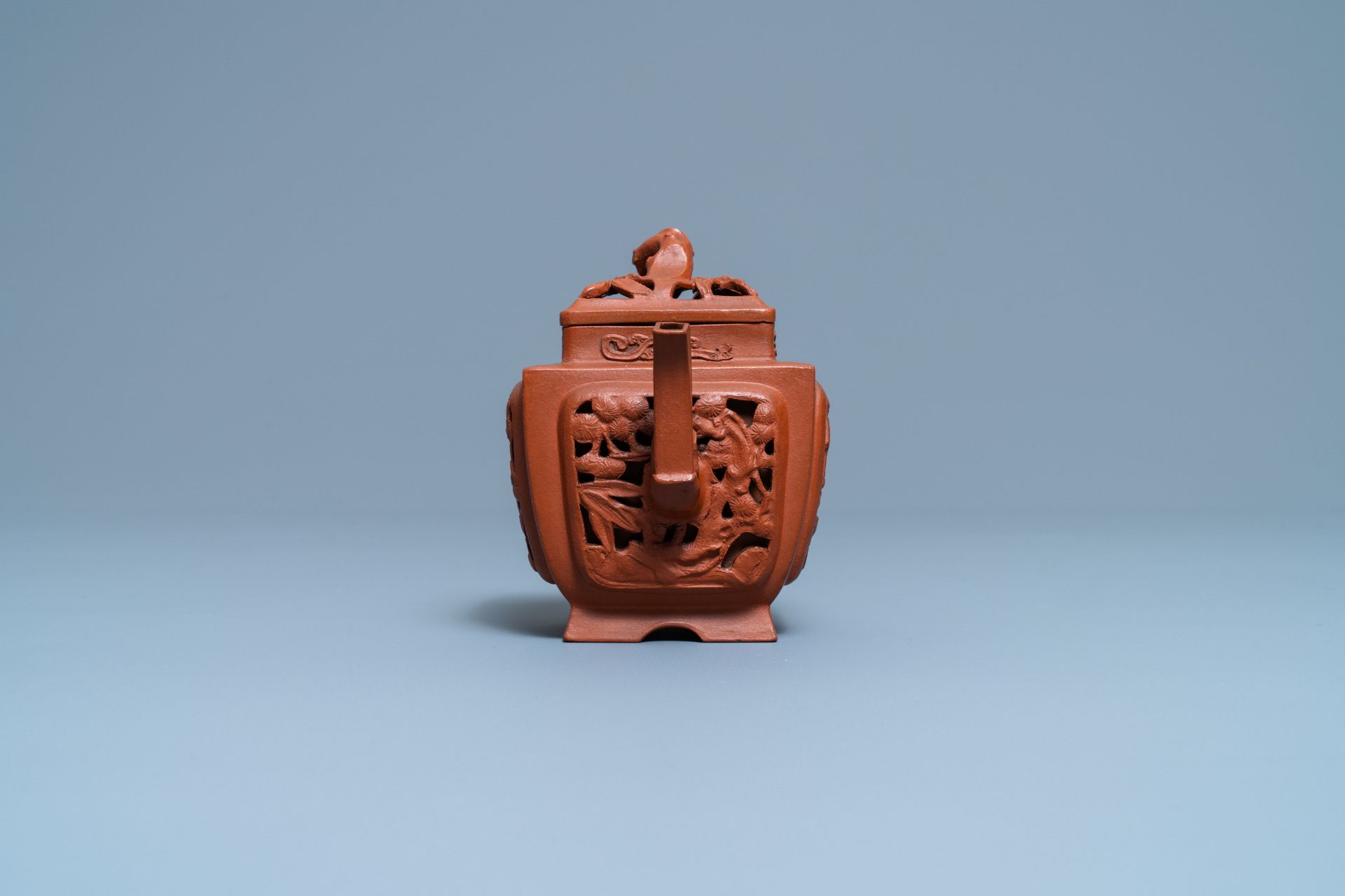 A Chinese reticulated Yixing stoneware teapot and cover, Kangxi - Image 5 of 7