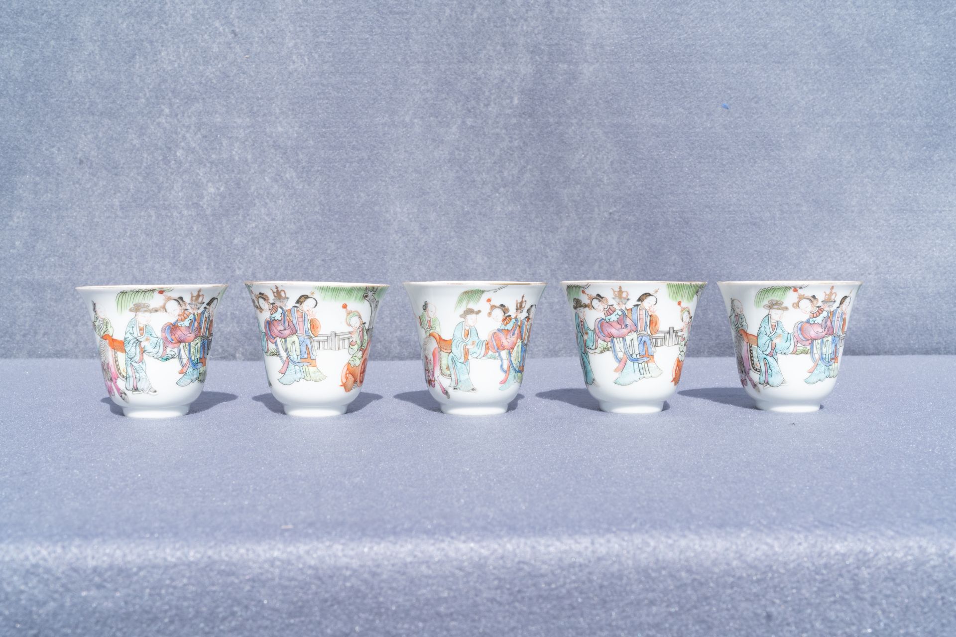 Five Chinese famille rose cups and saucers, Tongzhi mark and of the period - Image 14 of 17