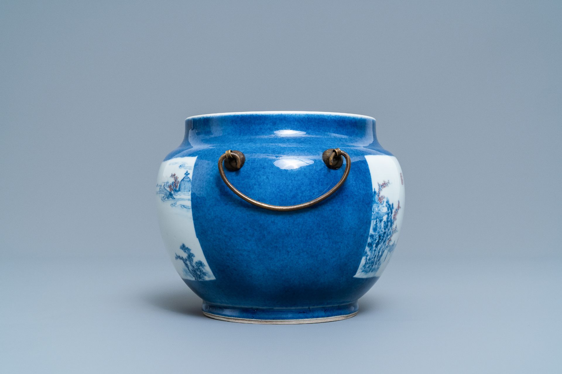 A Chinese blue, white and copper red powder blue-ground bowl, Jiajing mark, Kangxi - Image 2 of 17