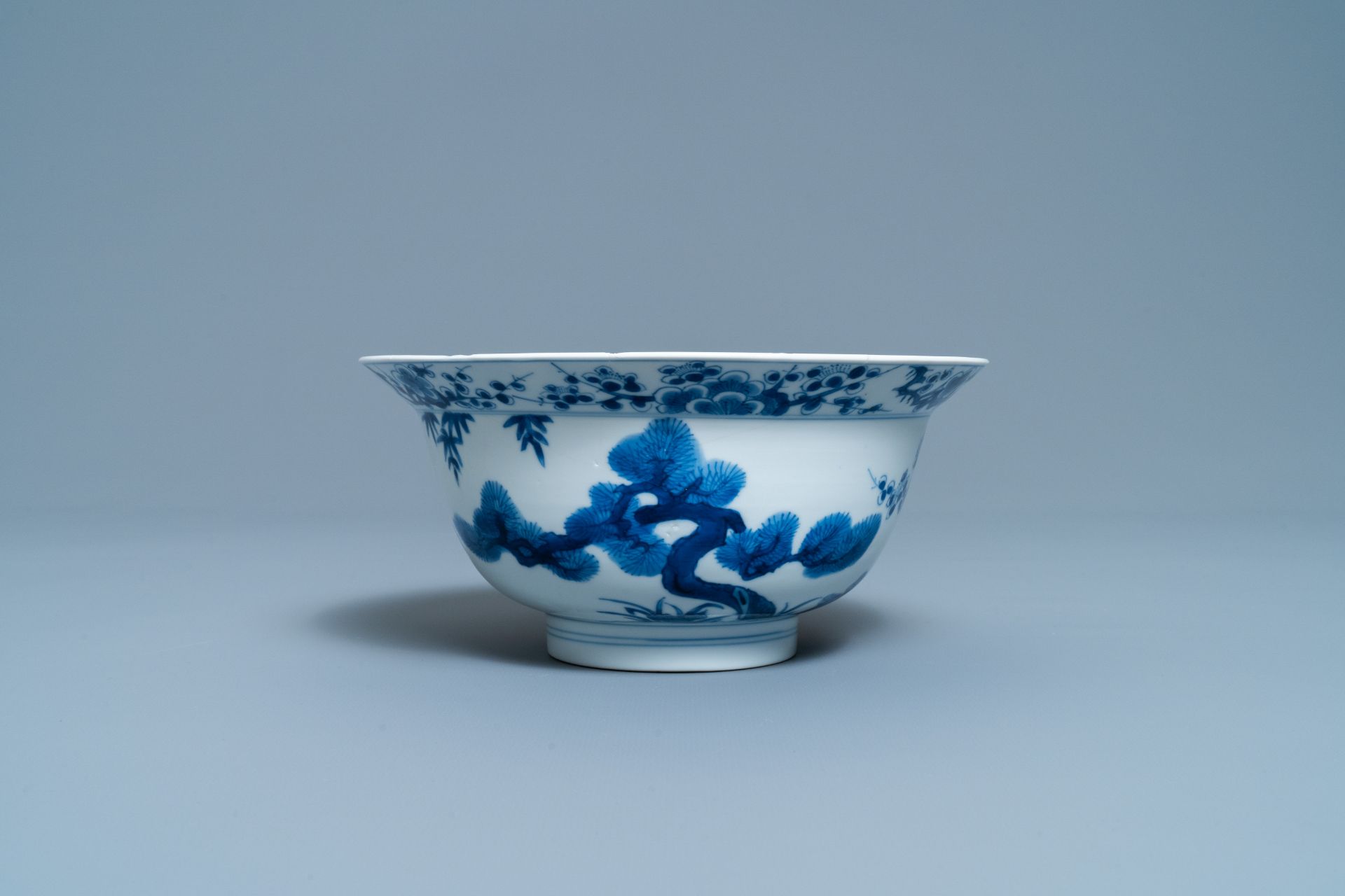 A Chinese blue and white 'Three friends of winter' bowl, Kangxi mark & period - Image 4 of 6