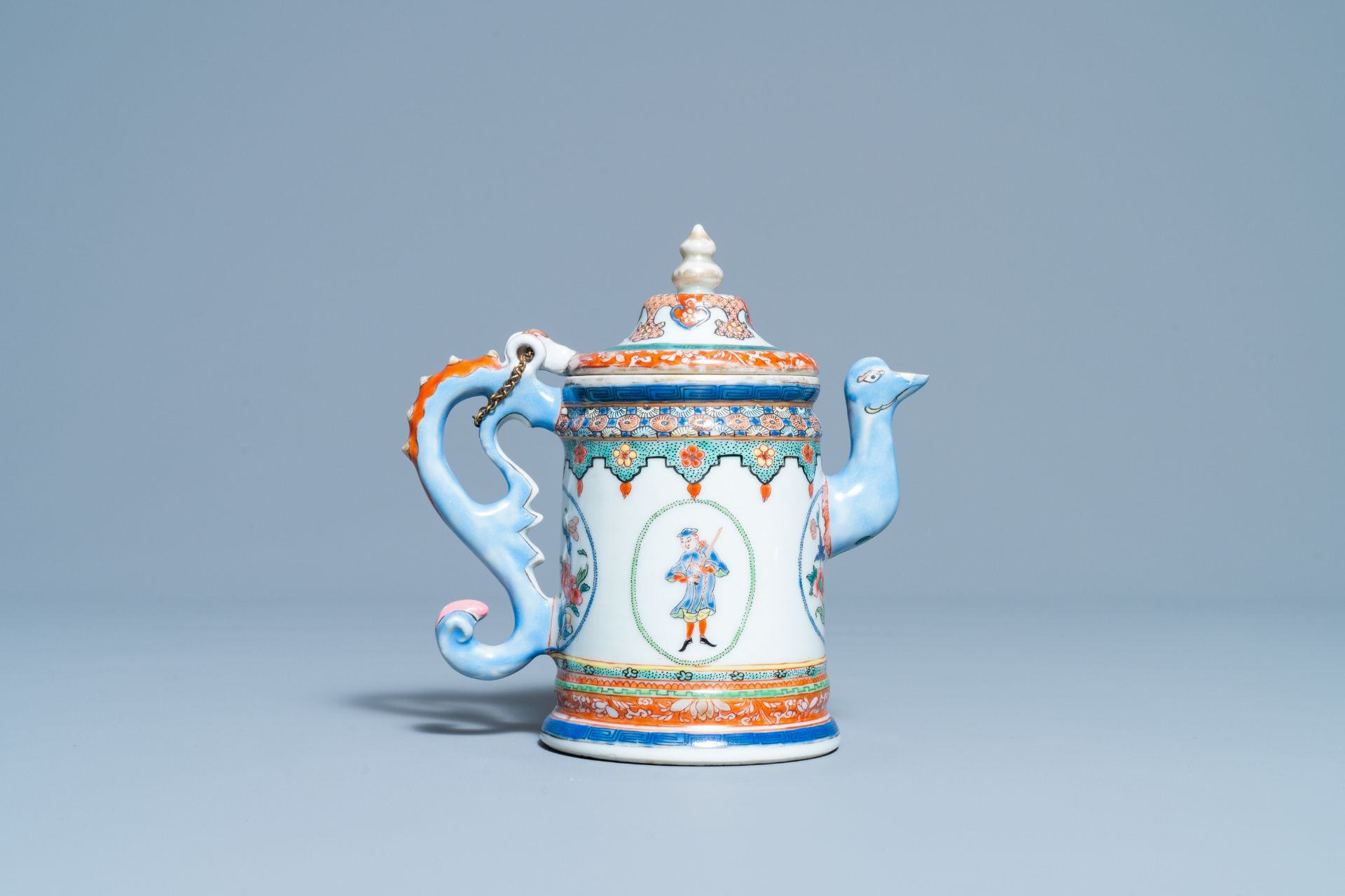 A rare Chinese famille rose 'Europeans' teapot and cover, Qianlong - Image 5 of 9