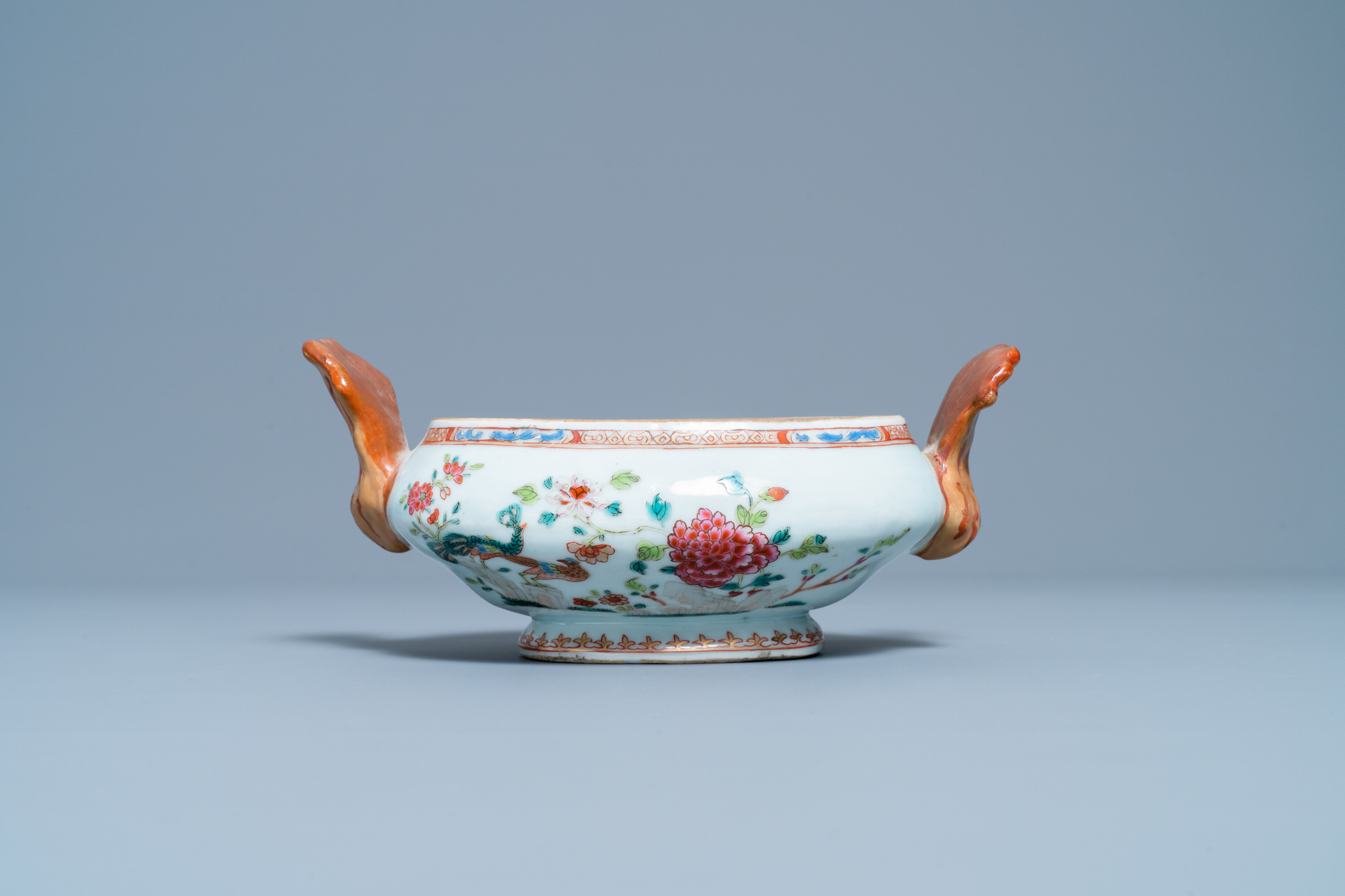Five Chinese famille rose 'double peacock' porcelain wares, Qianlong - Image 6 of 11