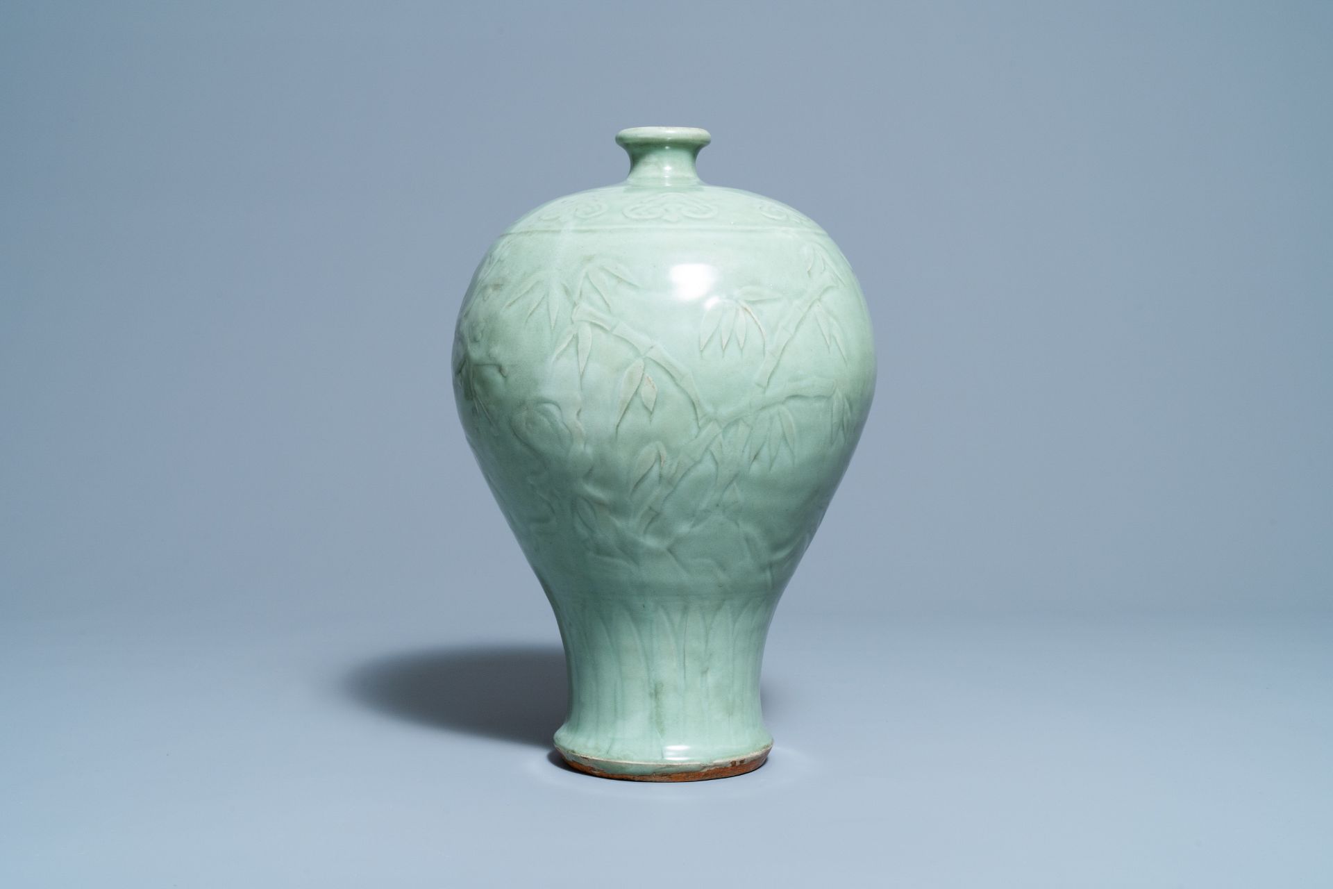A Chinese Longquan celadon 'Three friends of winter' vase, 'meiping', Ming - Image 3 of 10