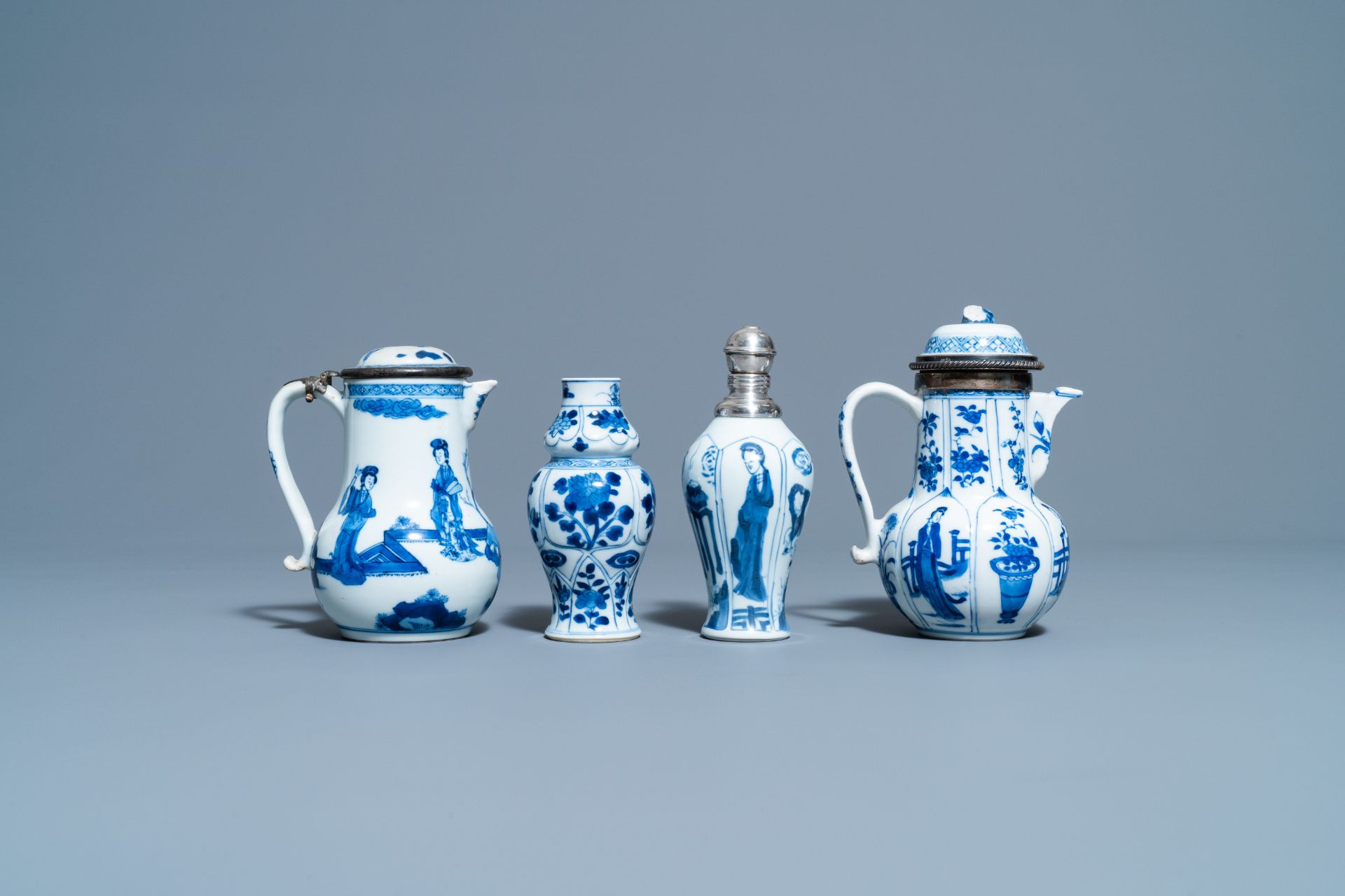 Two Chinese blue and white ewers and covers and two small vases, Kangxi - Image 4 of 8