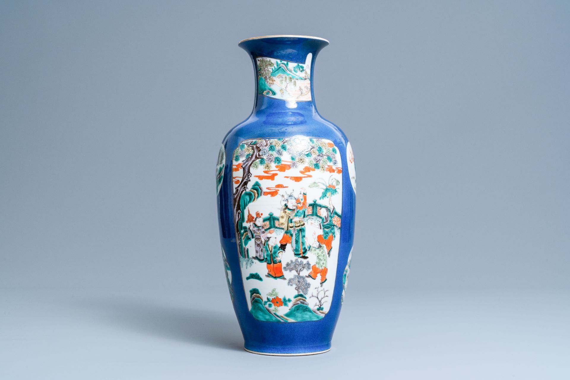 A Chinese famille verte powder blue-ground vase, 19th C. - Image 3 of 6