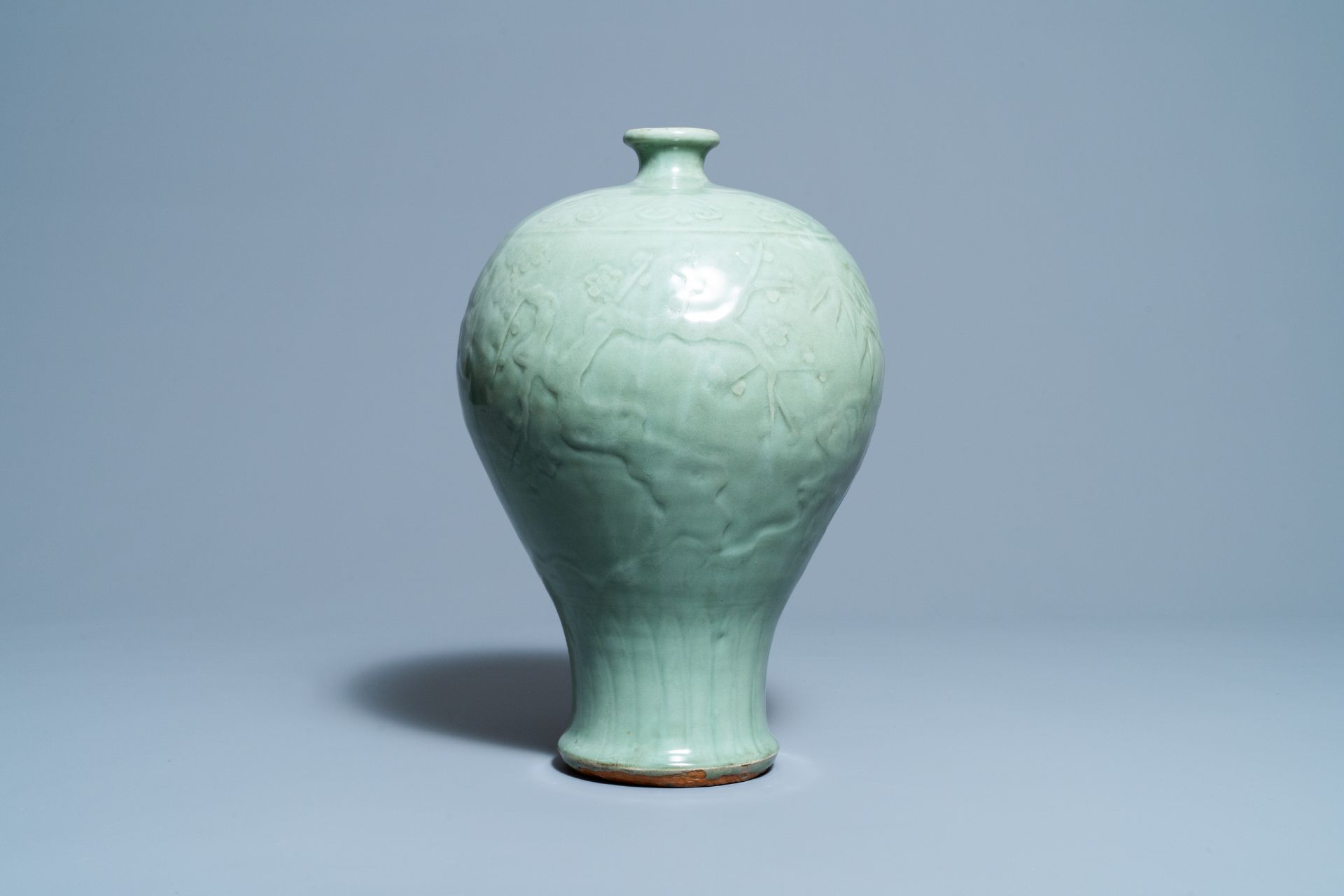 A Chinese Longquan celadon 'Three friends of winter' vase, 'meiping', Ming - Image 2 of 10