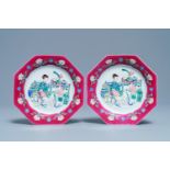 A pair of Chinese octagonal famille rose 'ruby border' plates, Yongzheng