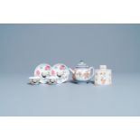 A pair of Chinese fam. rose cups & saucers, a Dutch-decorated teapot & a tea caddy, Kangxi/Qianlong