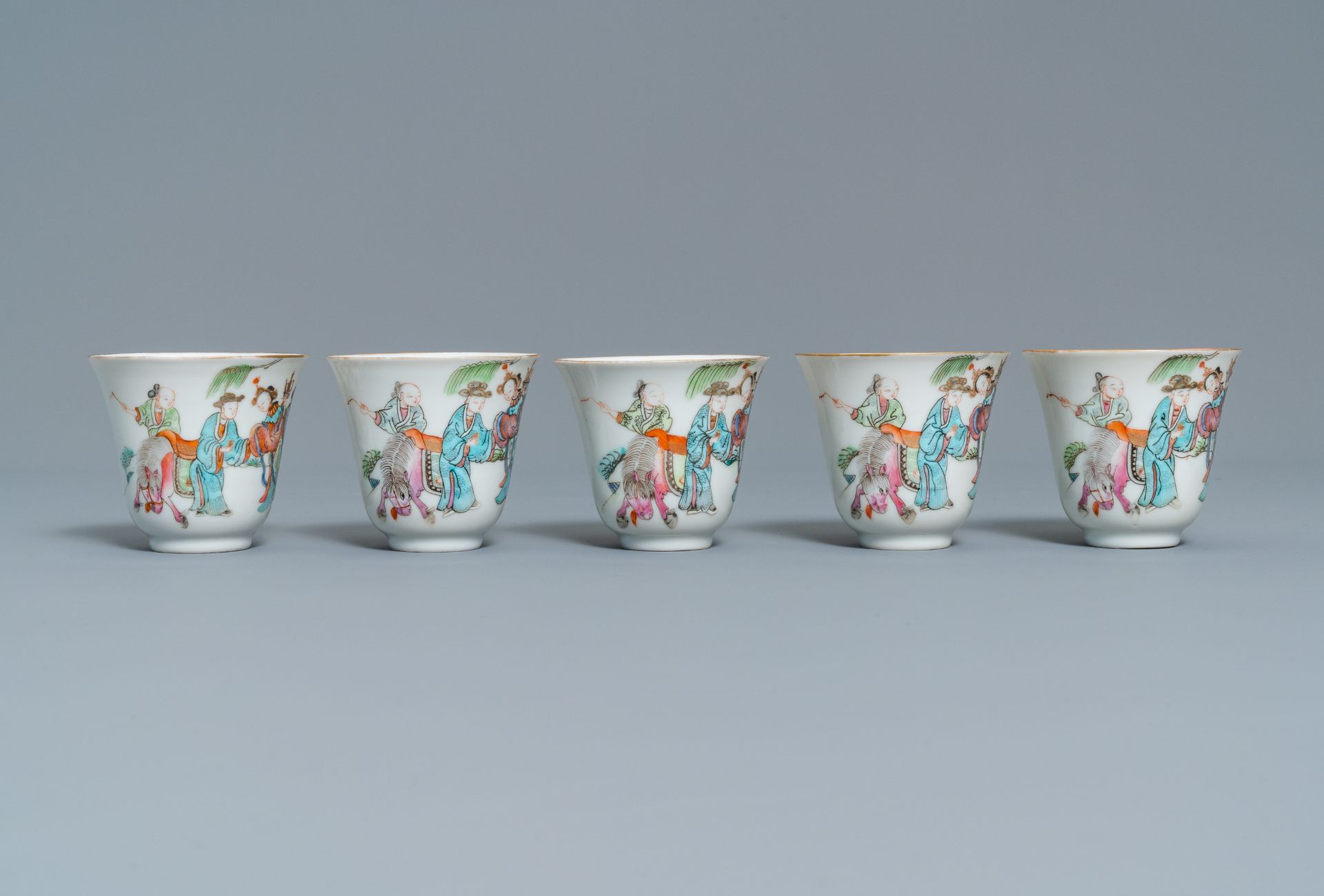 Five Chinese famille rose cups and saucers, Tongzhi mark and of the period - Image 9 of 17