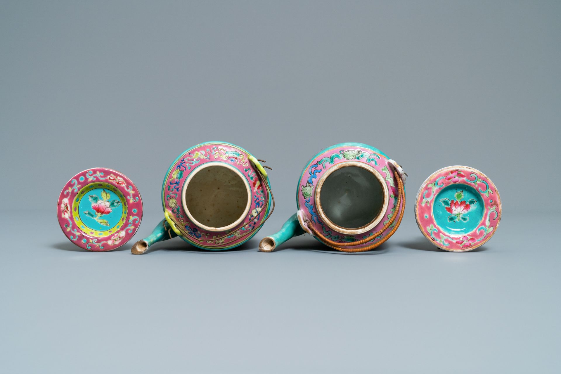 Two large Chinese turquoise-ground famille rose teapots for the Straits or Peranakan market, 19th C. - Image 6 of 10