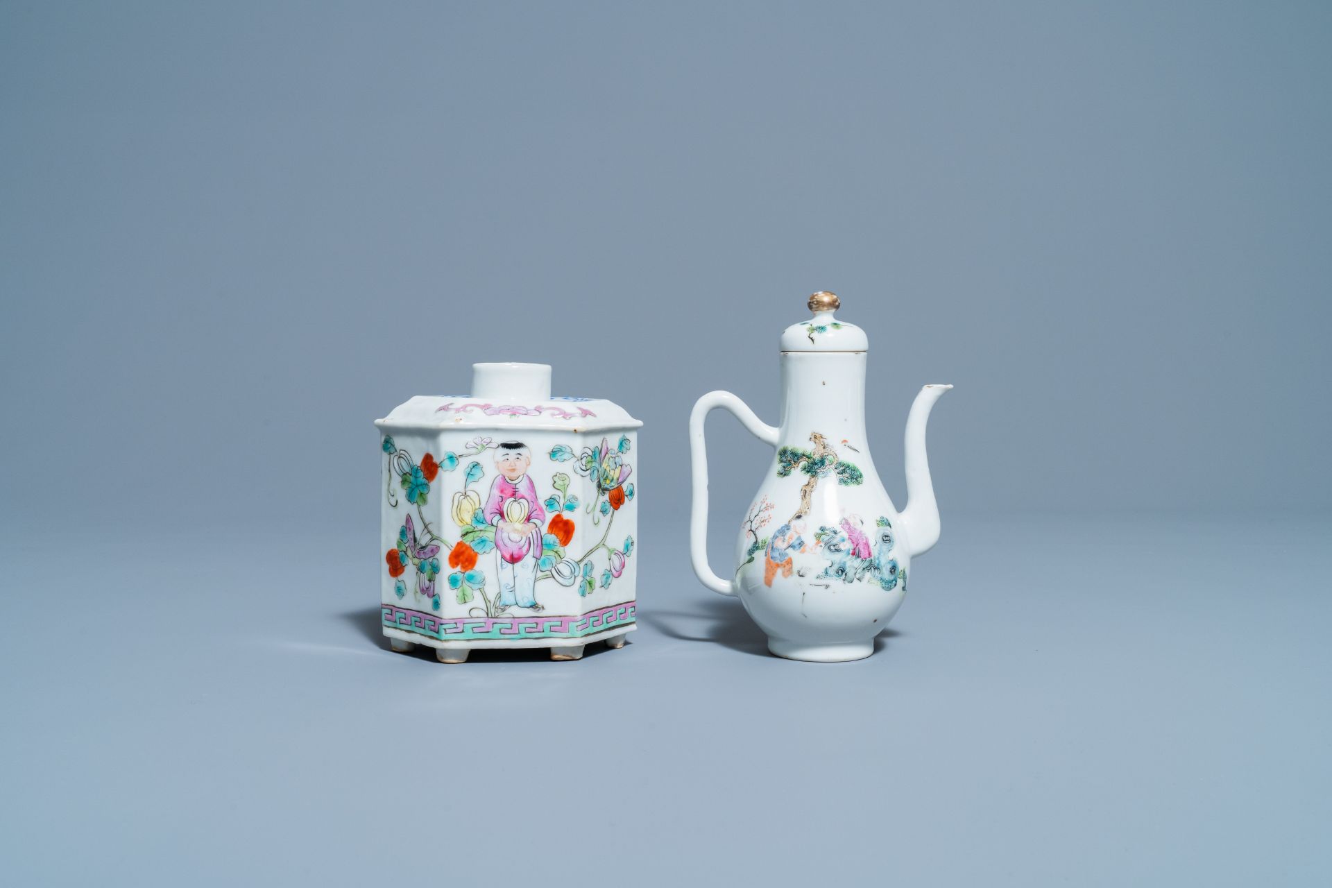 Four Chinese famille rose teapots, three bowls and a caddy, 19/20th C. - Image 11 of 20