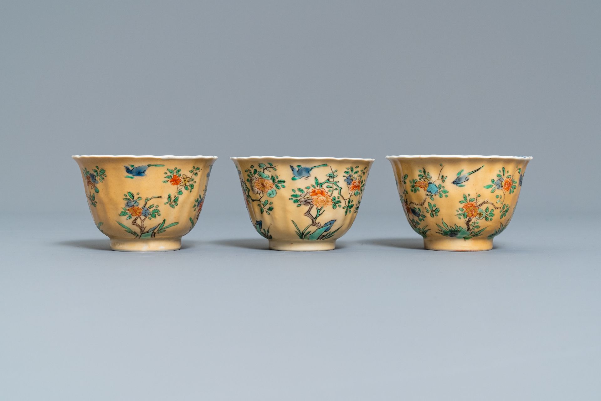 Six lobed Chinese famille verte café-au-lait-ground cups and saucers, Kangxi - Image 9 of 17