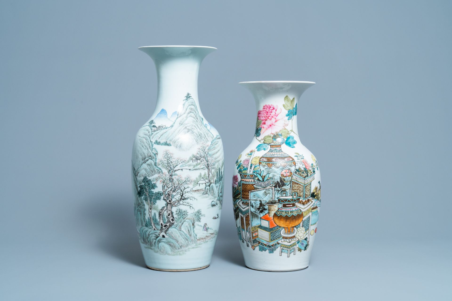 A Chinese qianjiang cai landscape vase and one with antiquities, 19/20th C.