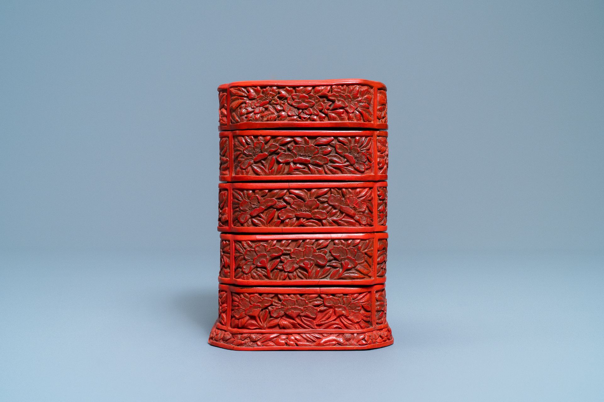 A Chinese red cinnabar lacquer four-tiered box, Wanli - Image 7 of 15