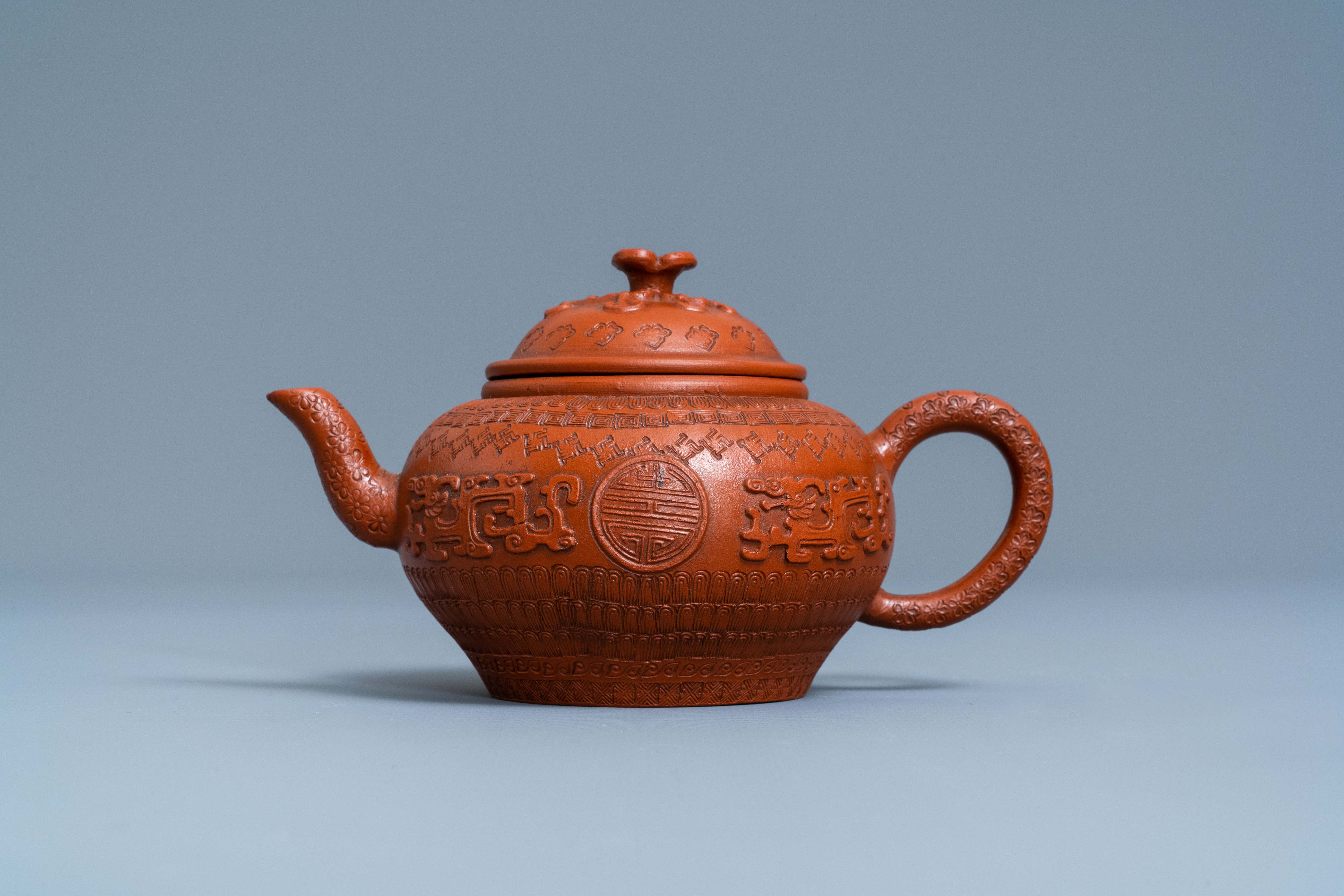 A Chinese Yixing stoneware teapot and cover with applied and impressed design, Kangxi - Image 2 of 7