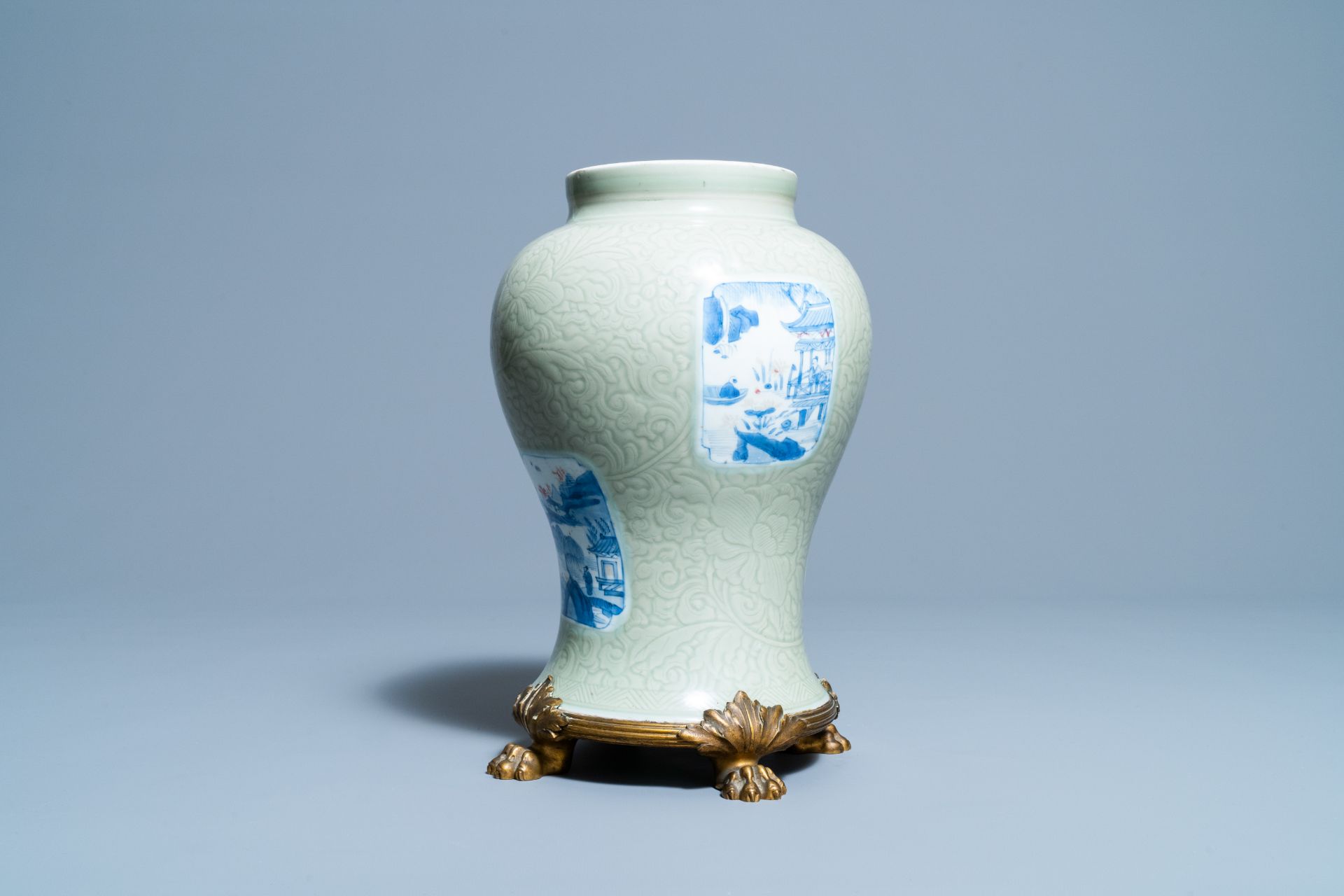 A Chinese incised celadon-glazed vase with blue, white and copper red panels, Kangxi - Image 7 of 14