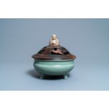 A Chinese Longquan celadon censer with wooden cover and soapstone Buddha finial, Ming