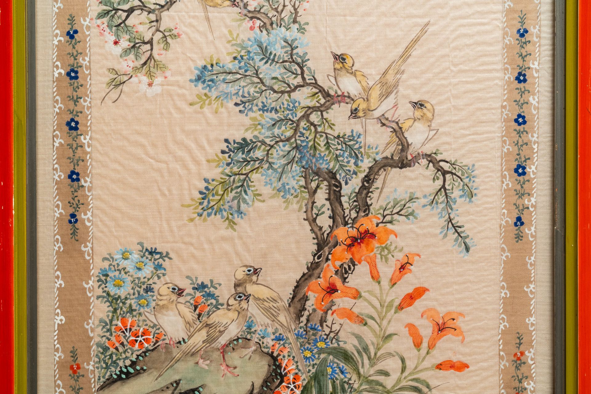 Chinese school, ink and colour on textile, 19/20th C.: 'Birds & ducks near blossoming branches' - Image 6 of 7