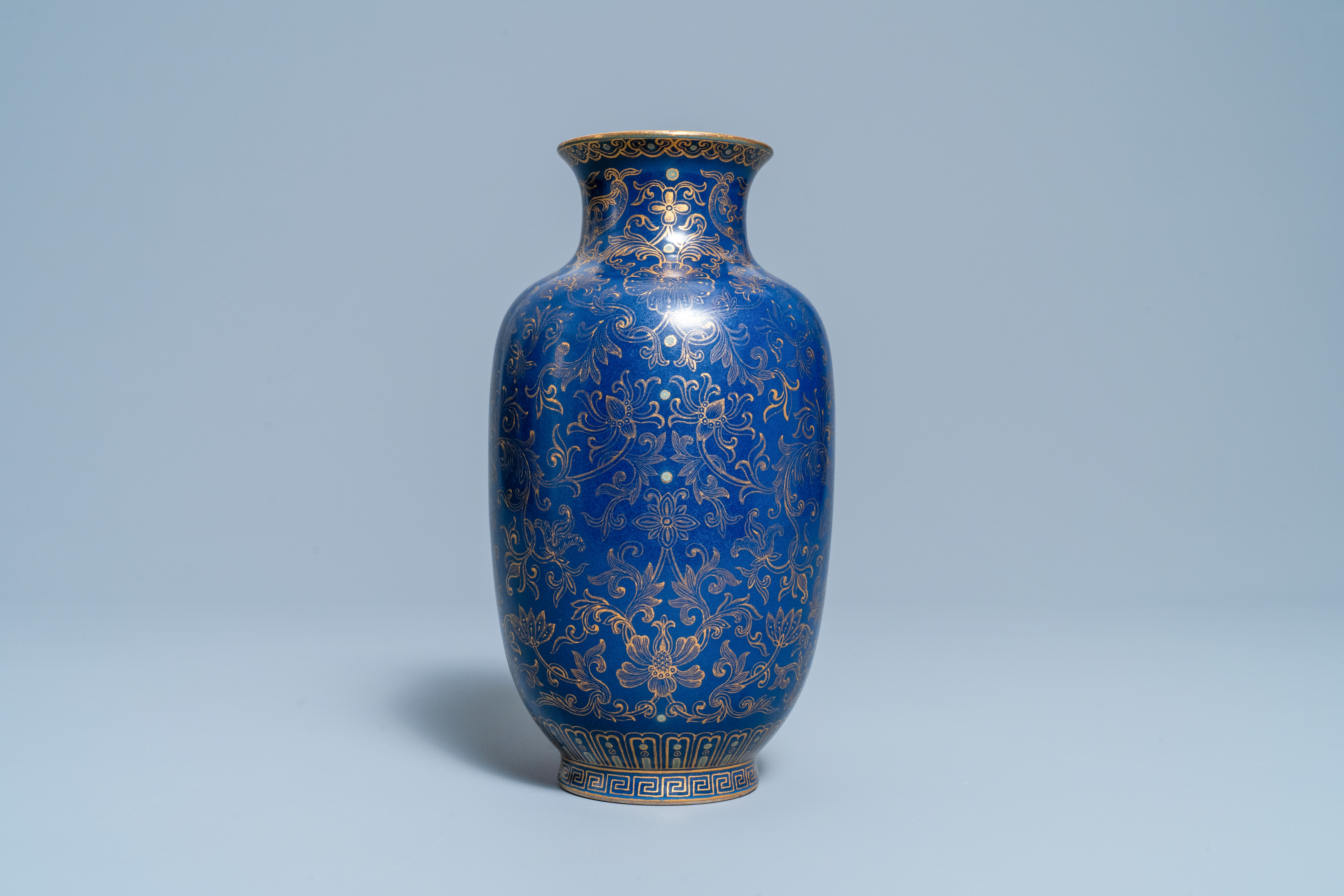 A Chinese gilt-decorated monochrome blue vase, Qianlong mark, Republic - Image 4 of 6
