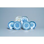 Five Chinese blue and white plates and one in famille verte, Kangxi