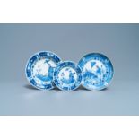 Three Chinese blue and white 'Dames au parasol' plates after Pronk, Qianlong