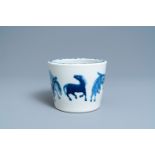 A Chinese blue and white 'Eight horses of Mu Wang' jardinière, Qianlong mark, 19th C.