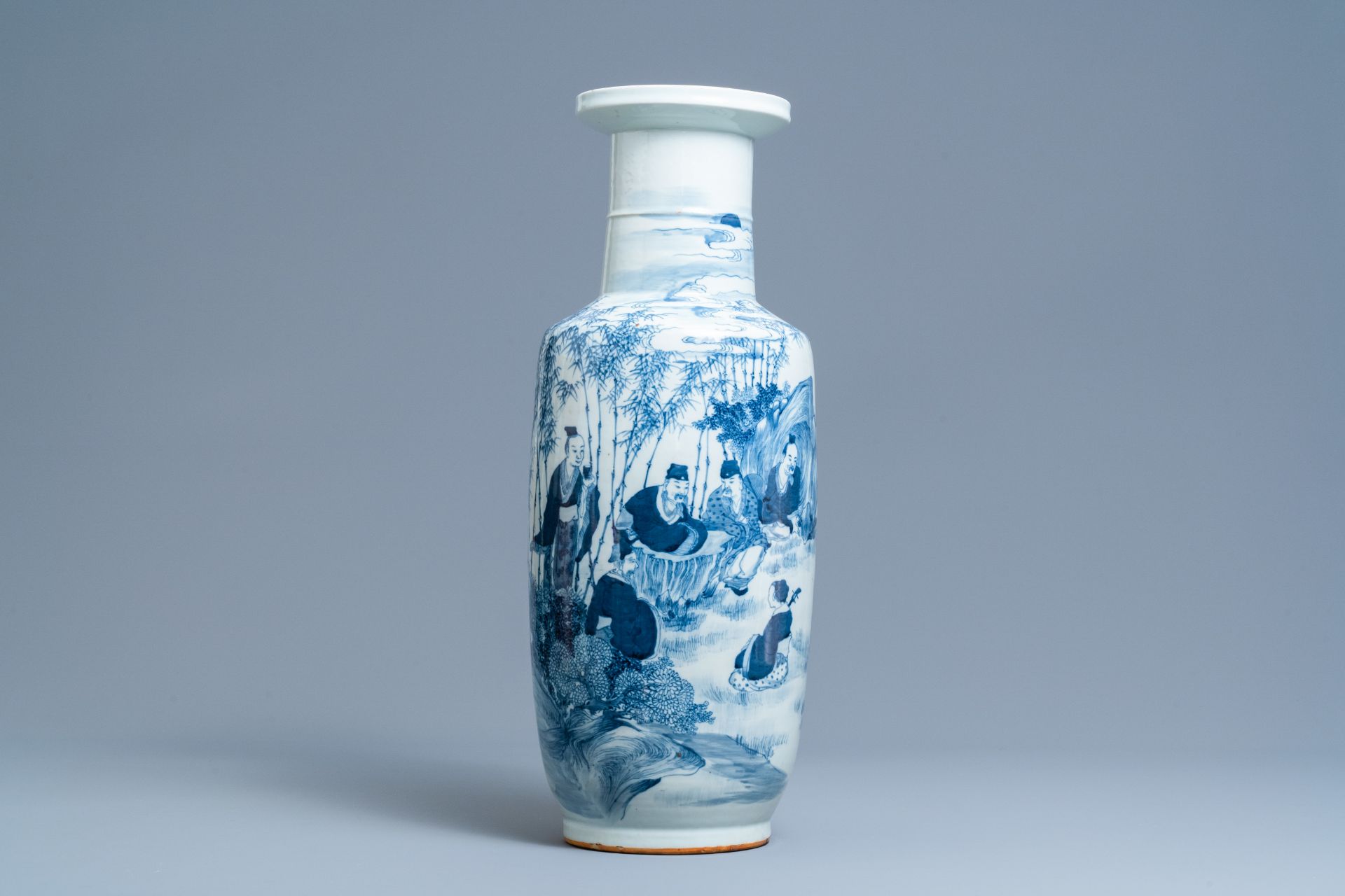 A Chinese blue and white 'Seven Sages of the Bamboo Grove' rouleau vase, 19th C.