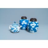 A pair of Chinese blue & white 'prunus' jars & a 'butterfly' teapot & cover, Kangxi