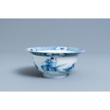 A Chinese blue and white klapmuts bowl with a battle scene, Chenghua mark, Kangxi