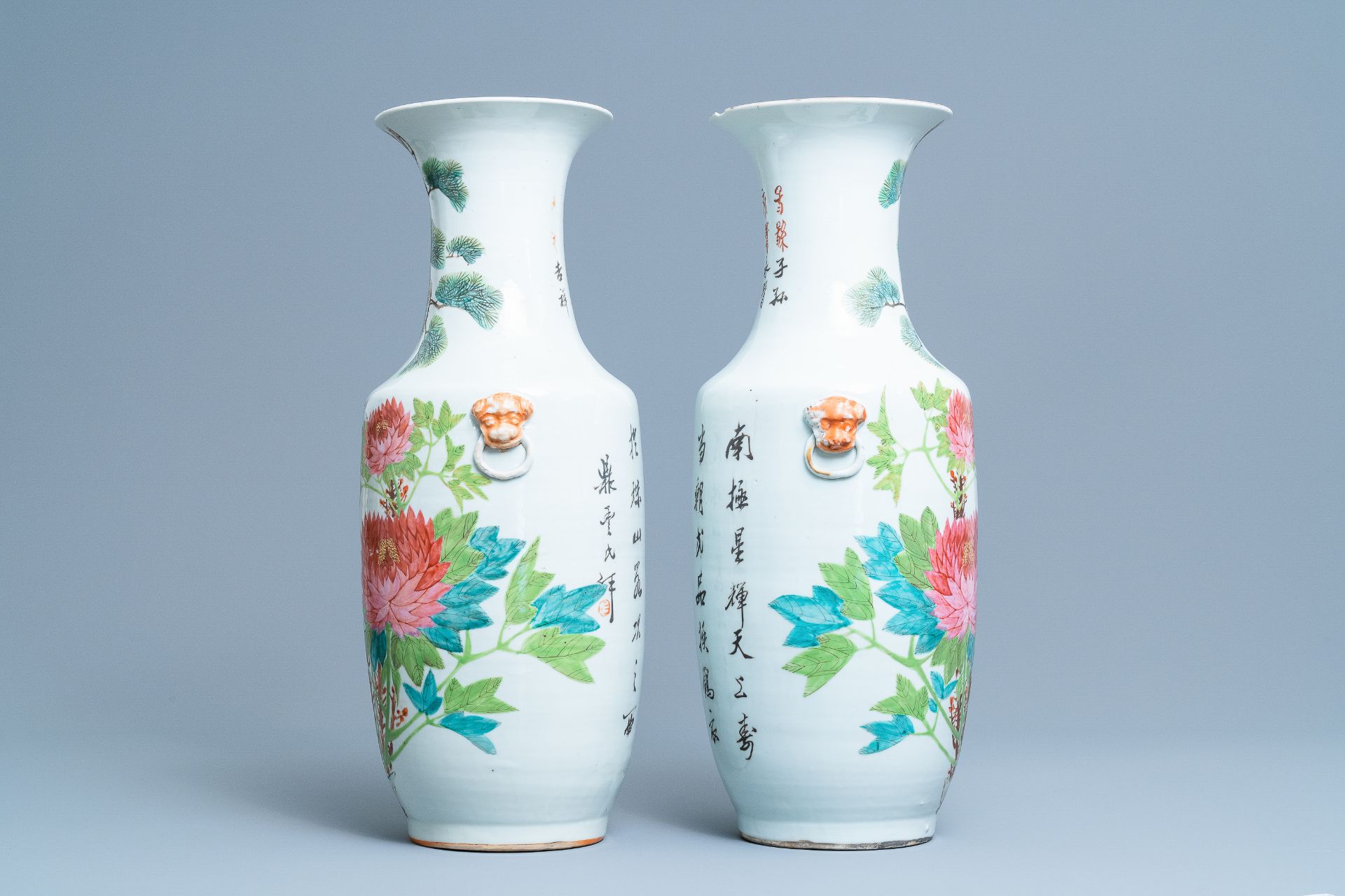Two pairs of Chinese qianjiang cai vases with birds, 19/20th C. - Image 3 of 13