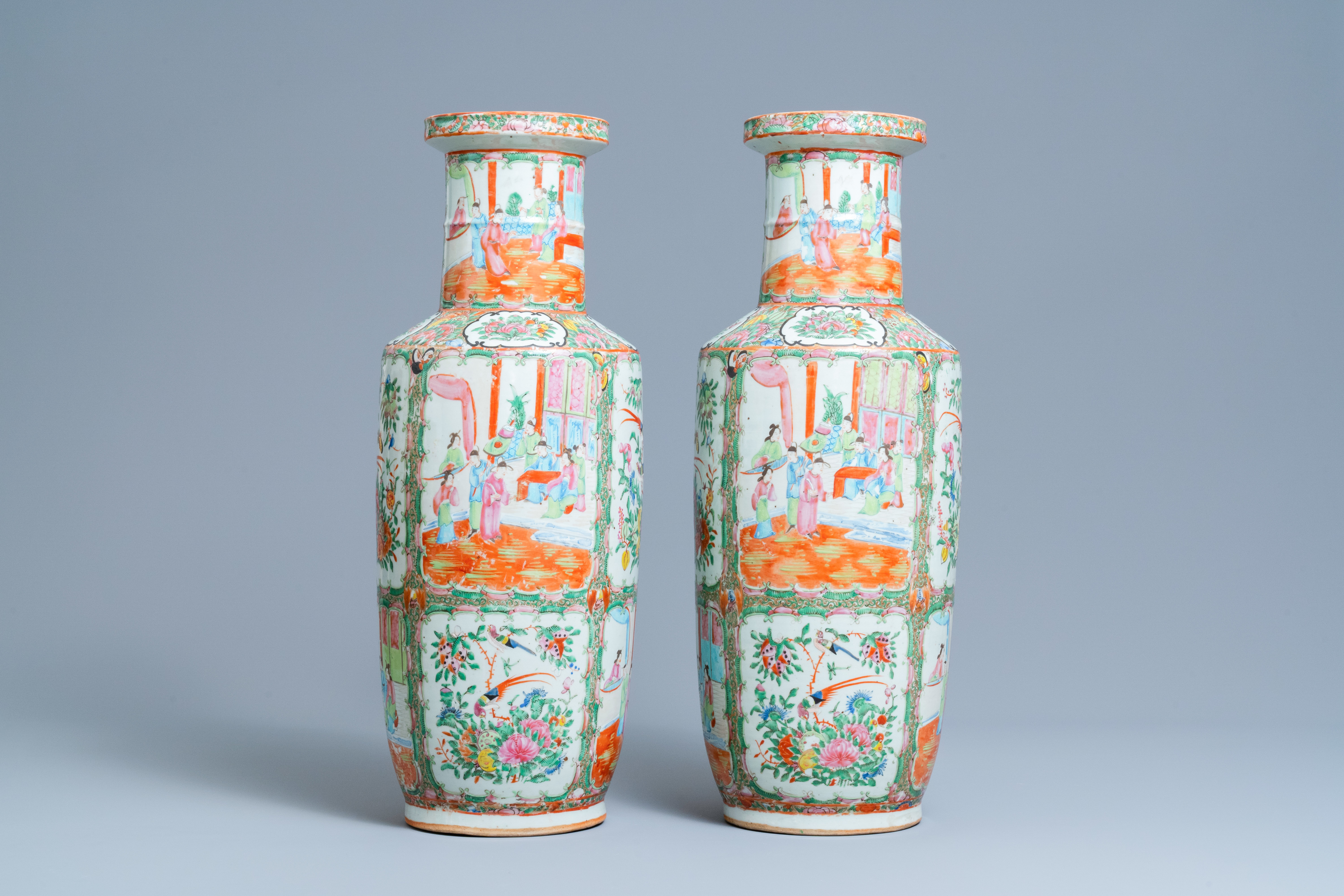 A pair of Chinese Canton famille rose rouleau vases, 19th C. - Image 3 of 6