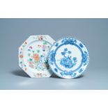 A Chinese octagonal famille rose dish and another in blue and white, Qianlong