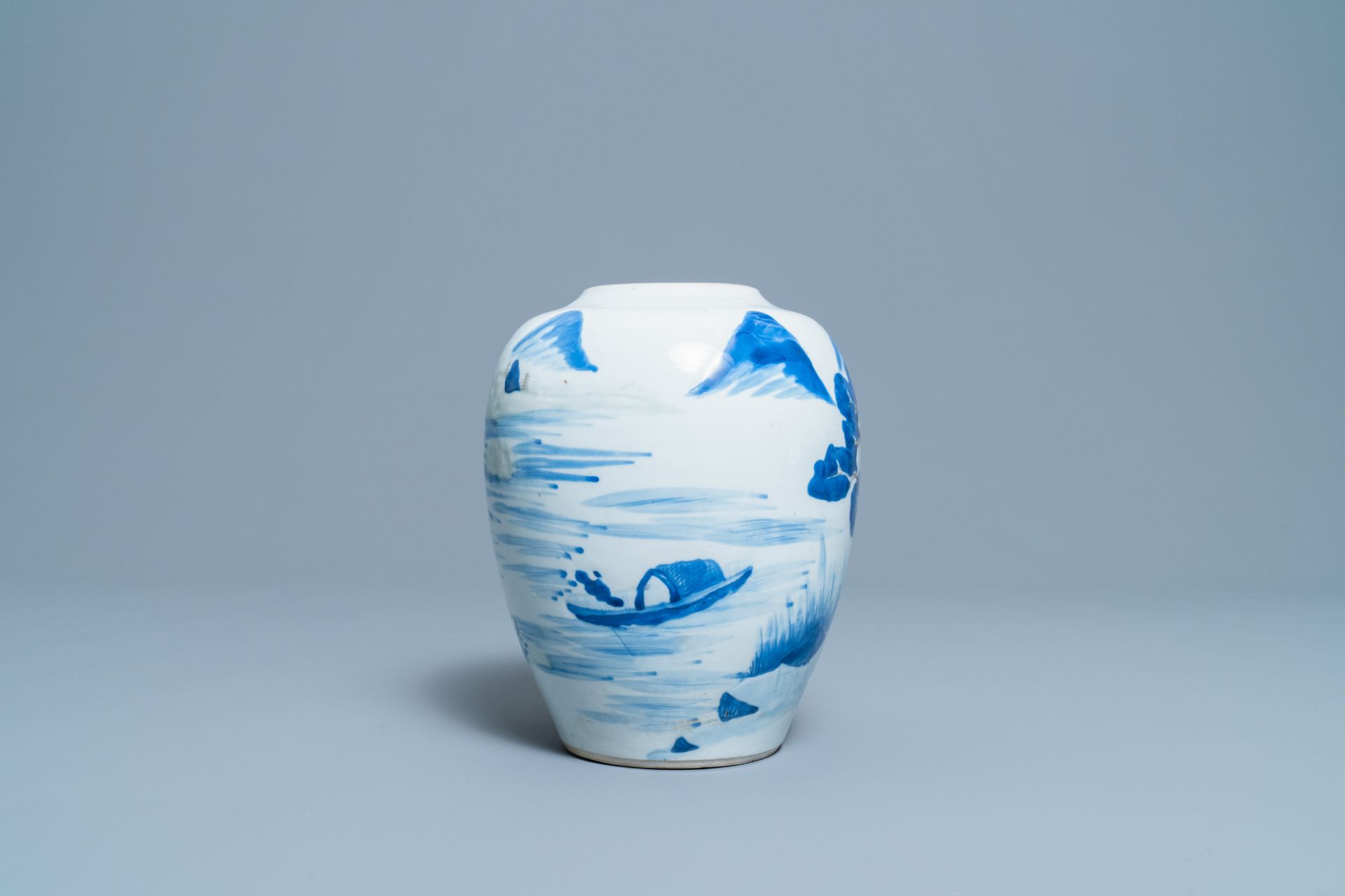 A Chinese blue, white, celadon and copper red vase with a landscape, Kangxi - Image 5 of 7