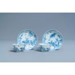 A pair of Chinese blue and white cups and saucers, Ca Mau shipwreck, Kangxi/Yongzheng