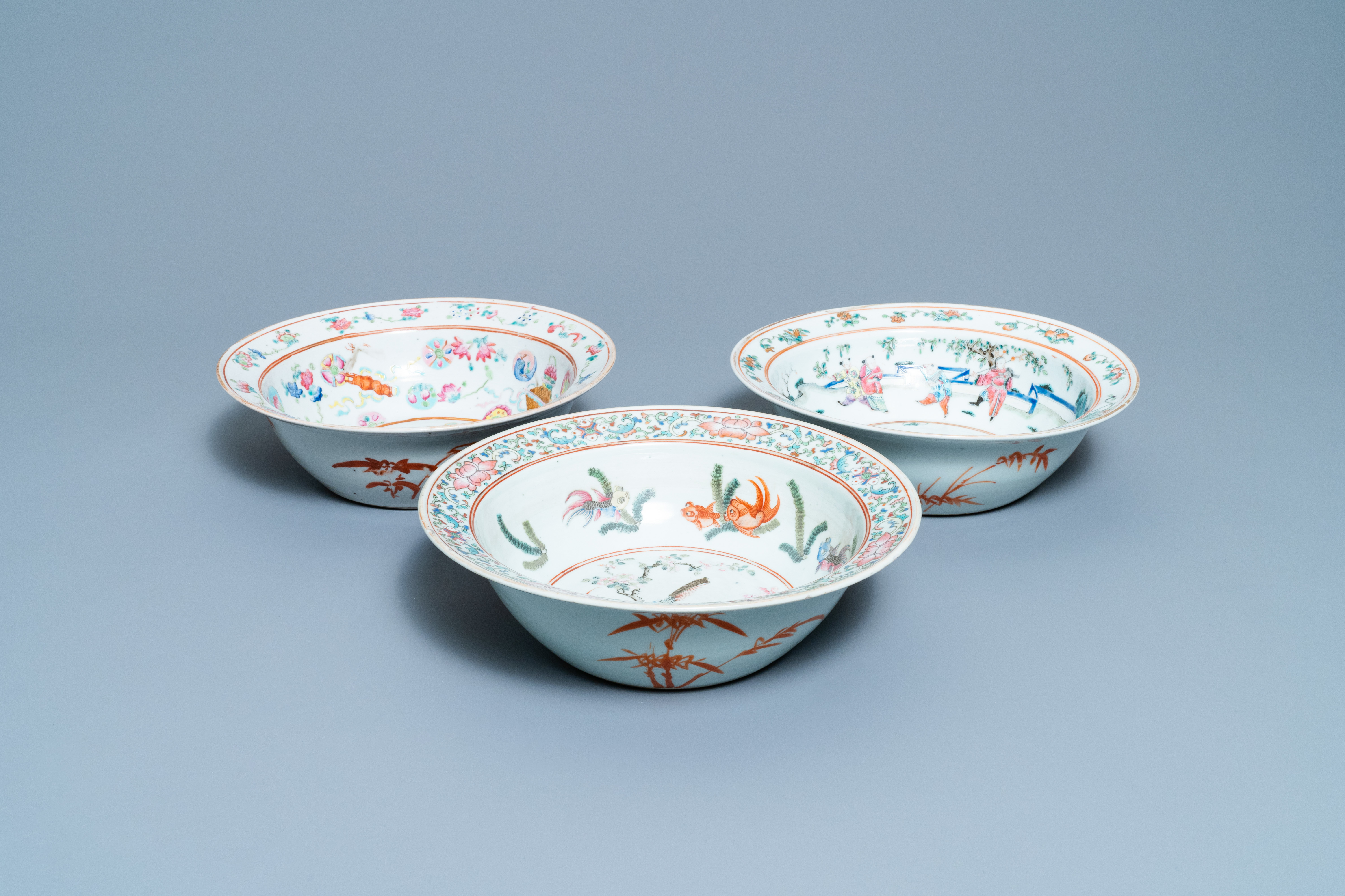 Three Chinese famille rose bowls, 19th C.