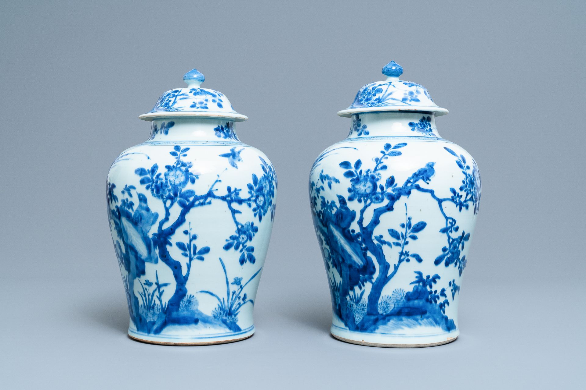 A pair of Chinese blue & white baluster vases & covers with birds, Kangxi - Image 4 of 16