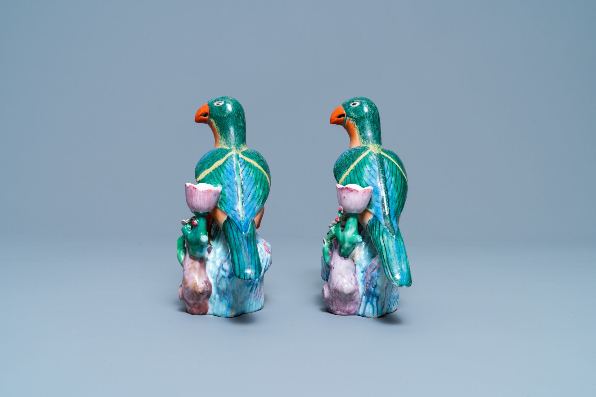 A pair of Chinese famille rose bird-shaped candlesticks, Qianlong - Image 5 of 7