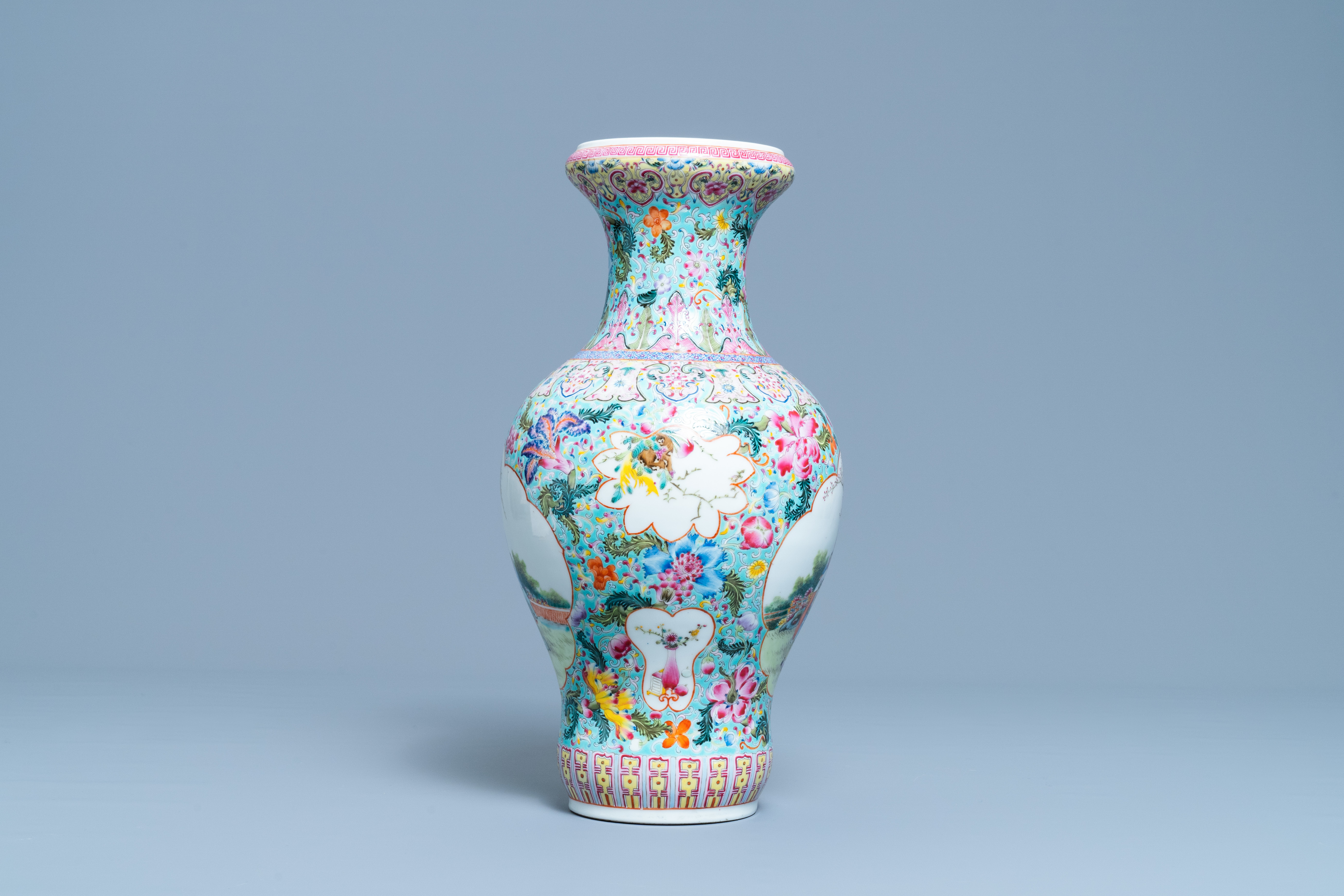 A Chinese famille rose vase with figures in a garden, Qianlong mark, Republic - Image 2 of 6