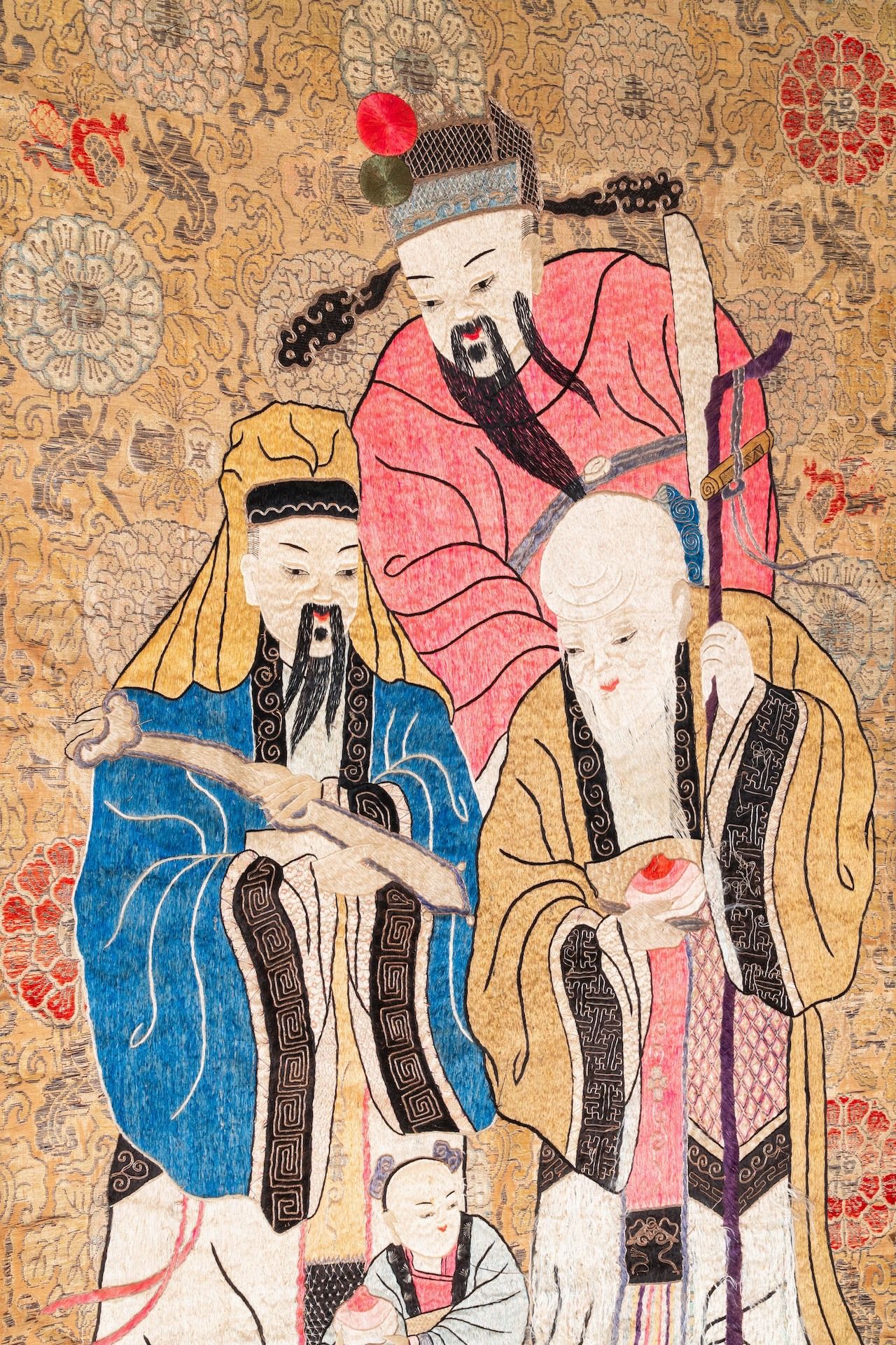 Three Chinese silk embroidered 'Star gods and immortals' panels, 19th C. - Image 3 of 12