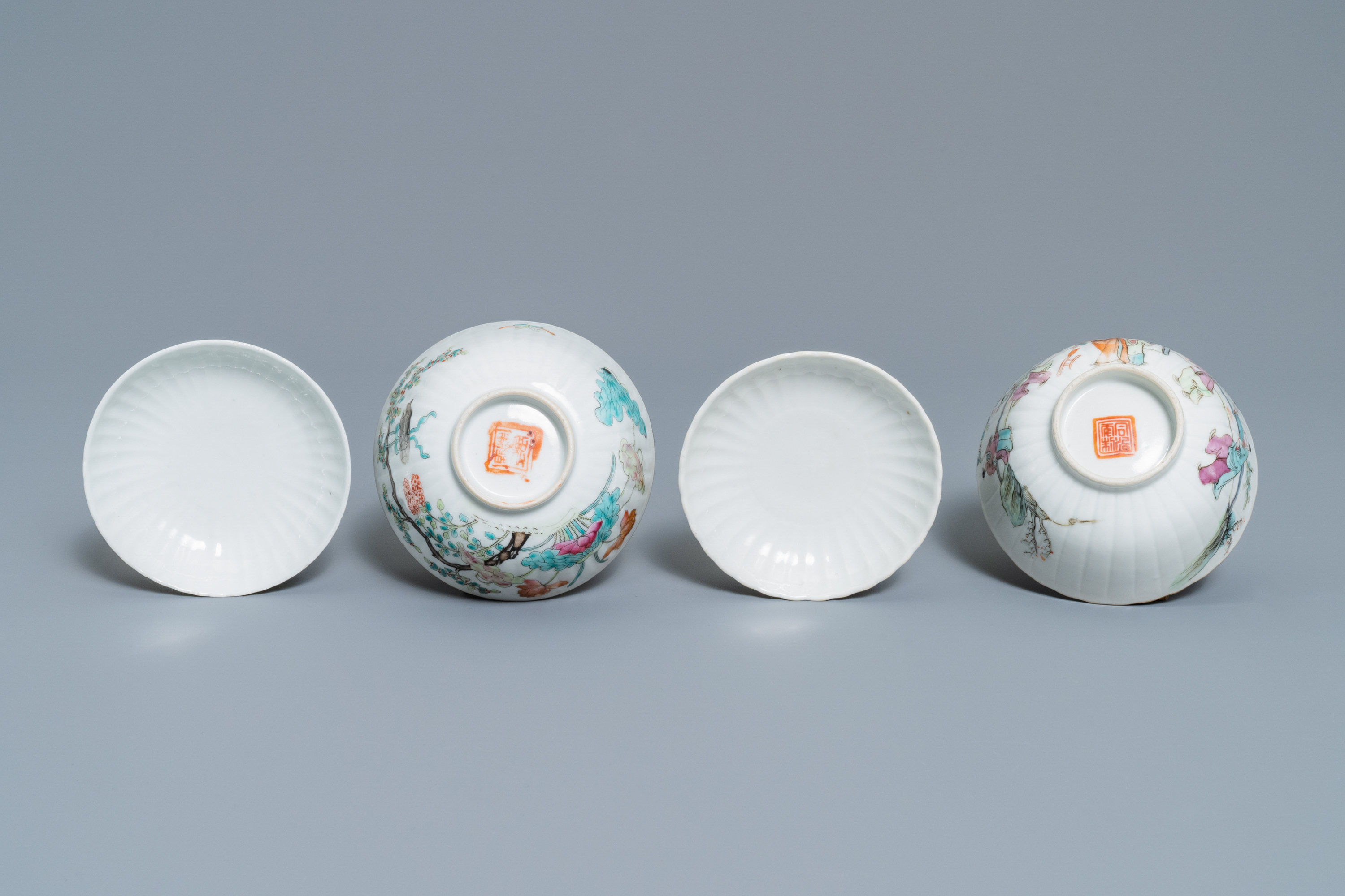 Two Chinese famille rose teapots and four covered bowls on stands, 19th C. - Image 9 of 42