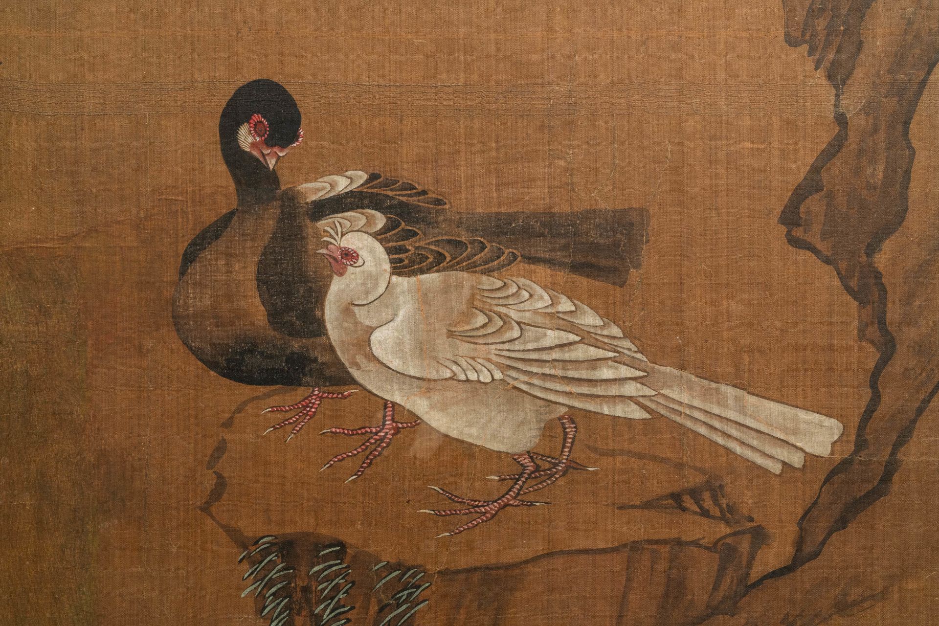 Chinese school, ink and colour on silk, 18/19th C.: 'Four birds on rockwork' - Image 2 of 6